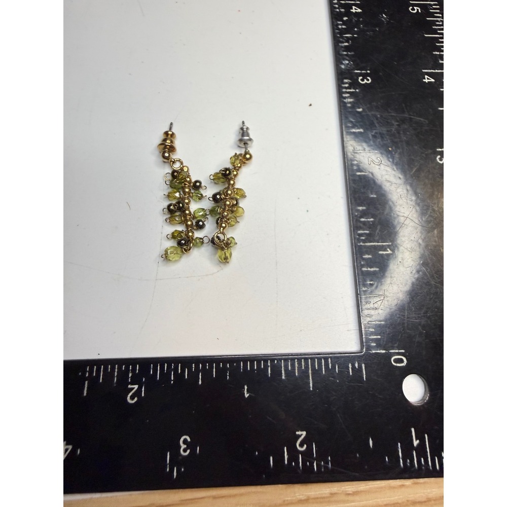 Gold Tone Green Beaded Cluster Dangle Drop Earrings Post Backs
